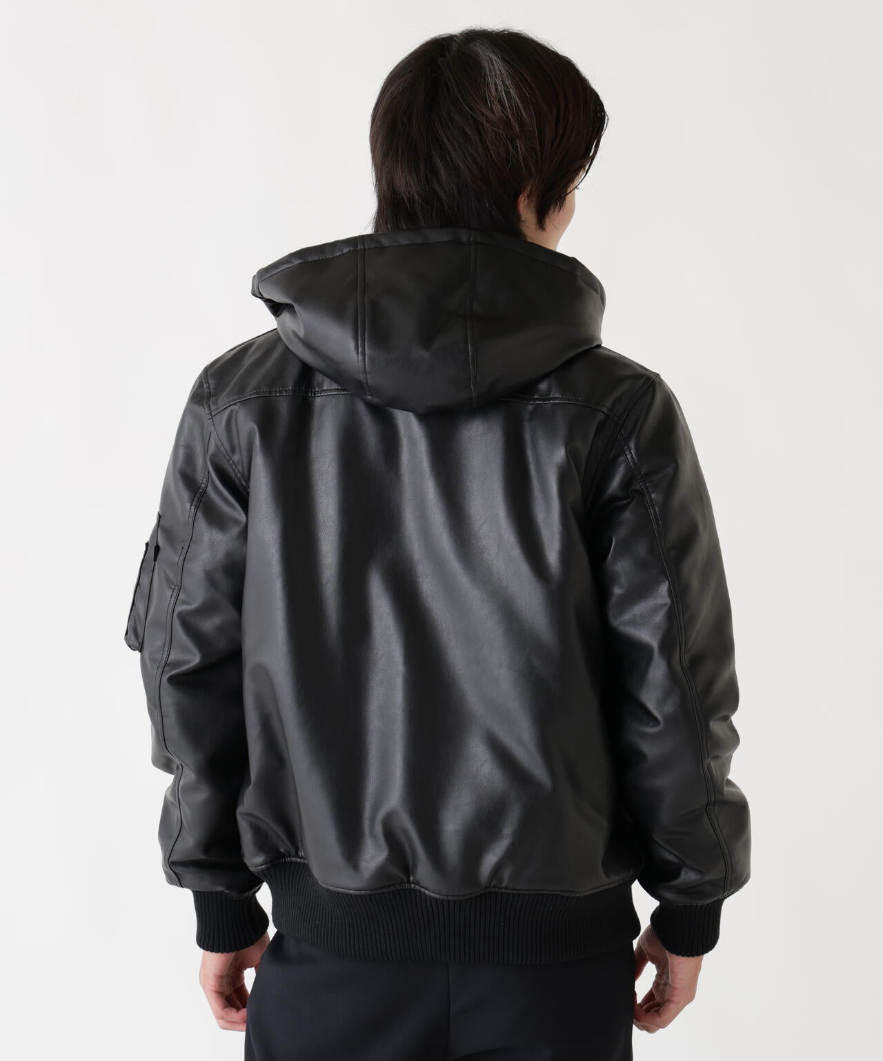 FAUX LEATHER HOODED RIB FLIGHT JACKET