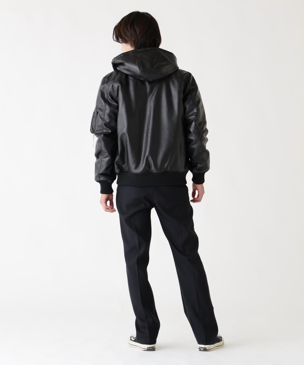 FAUX LEATHER HOODED RIB FLIGHT JACKET ｜アルファ インダストリーズ
