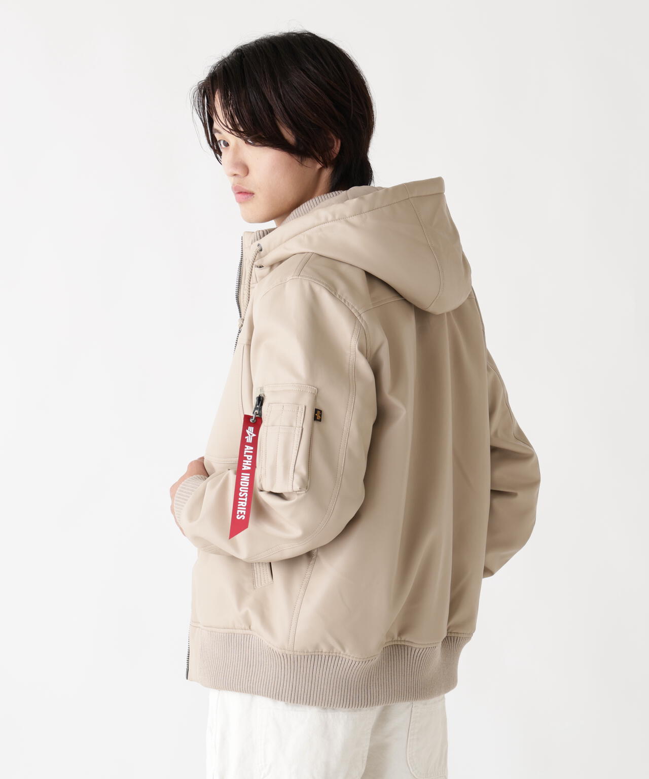 FAUX LEATHER HOODED RIB FLIGHT JACKET ｜アルファ インダストリーズ