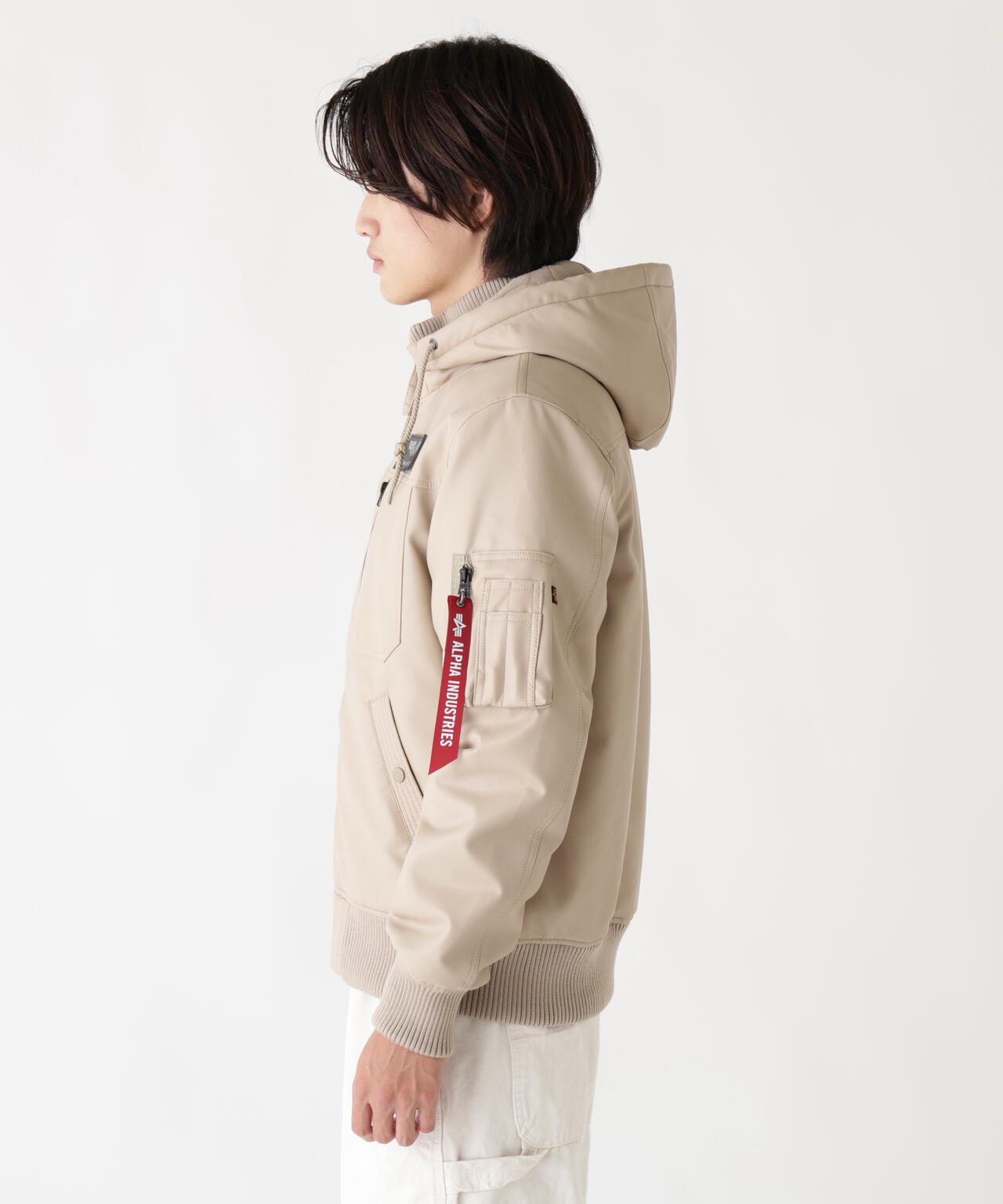 FAUX LEATHER HOODED RIB FLIGHT JACKET ｜アルファ インダストリーズ