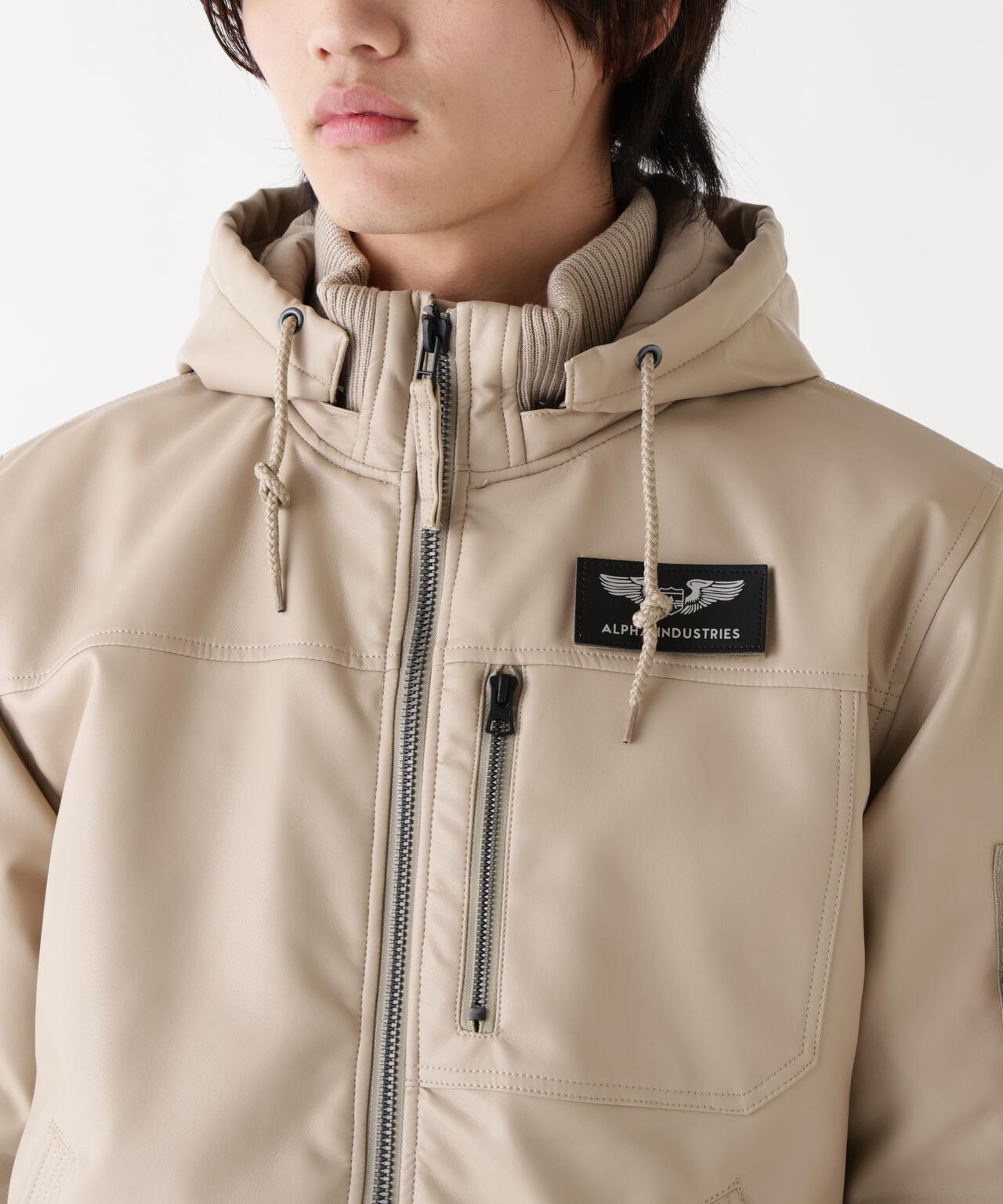 FAUX LEATHER HOODED RIB FLIGHT JACKET ｜アルファ インダストリーズ
