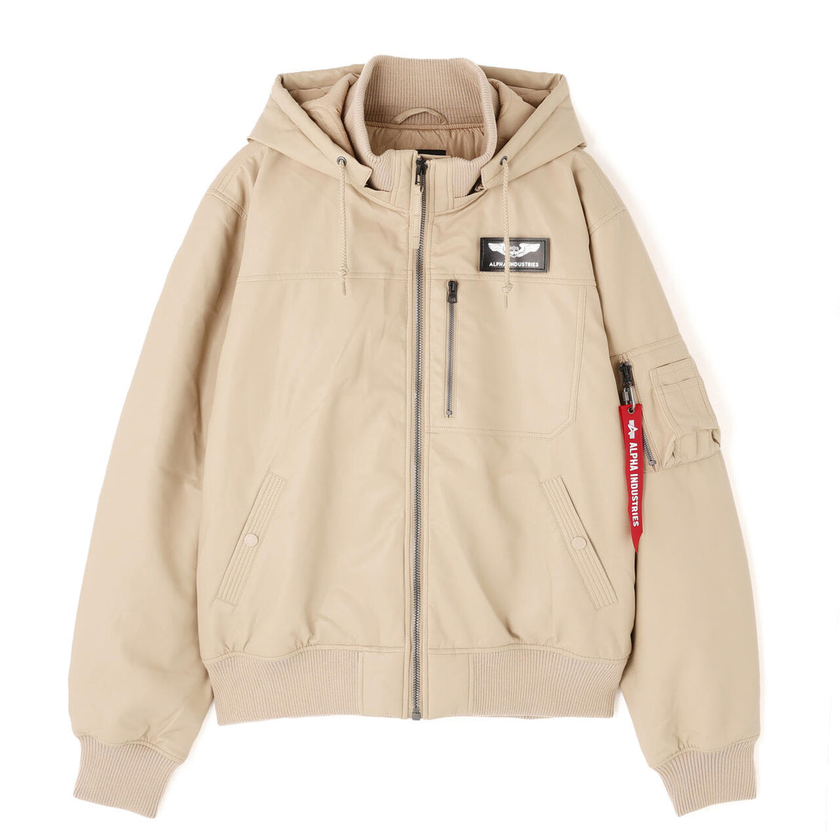 FAUX LEATHER HOODED RIB FLIGHT JACKET ｜アルファ インダストリーズ