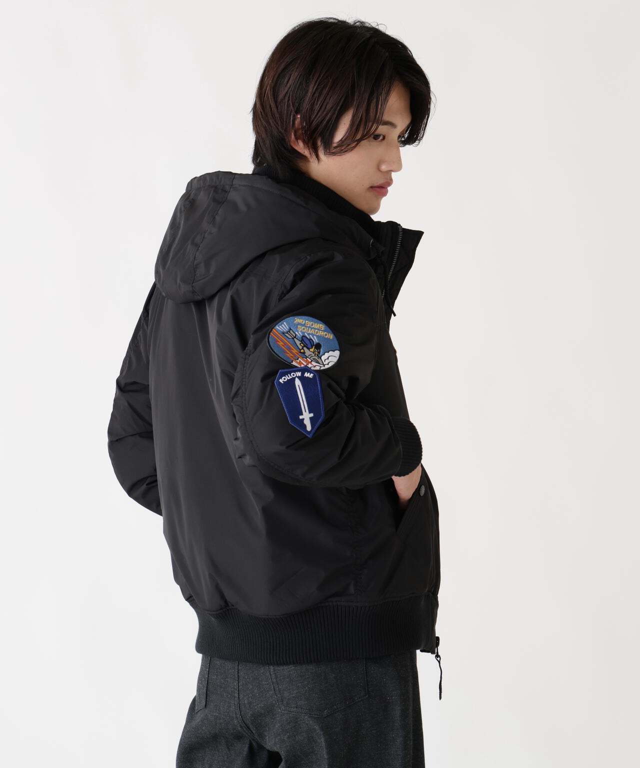 PATCHED HOODED RIB FLIGHT JACKET